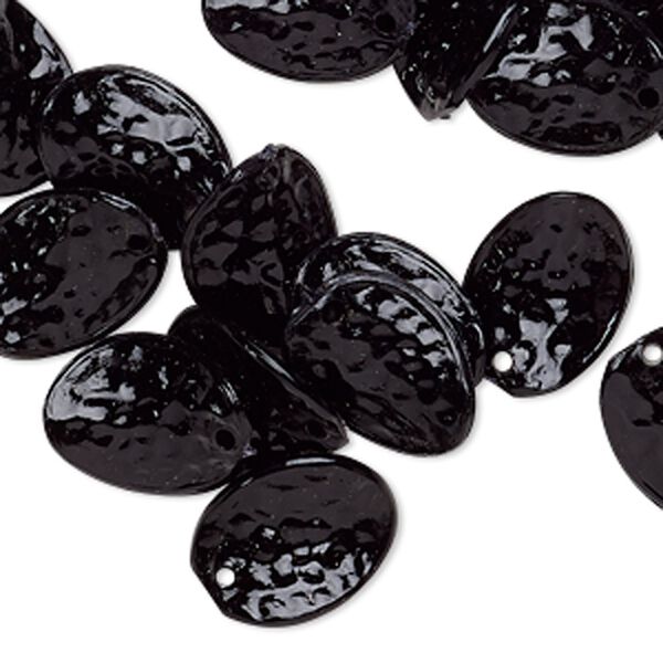 Drop, vintage German acrylic, opaque black, 16x12mm textured twisted flat oval. Sold per pkg of 24. image number 0