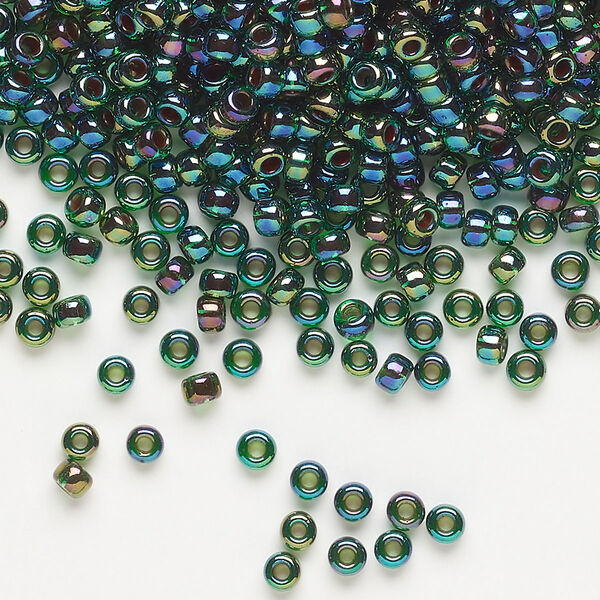 Seed bead, Miyuki, glass, pkg/250g, #8 rocaille, translucent cobalt-lined rainbow green (RR-344). image number 0