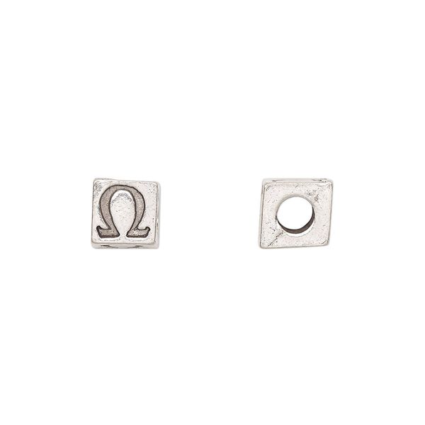 Bead, antiqued pewter (tin-based alloy), 7mm cube with Greek letter, OMEGA. Sold per pkg of 4. image number 0