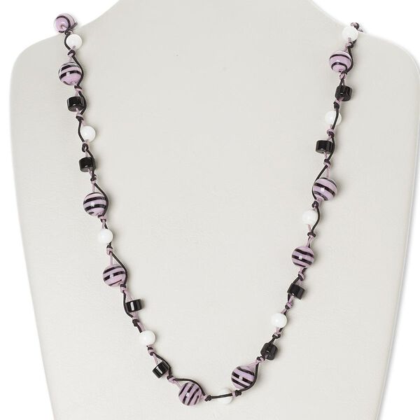 Necklace, glass and waxed cotton cord, black / white / lavender, round, 30-inch continuous loop. Sold individually. image number 0