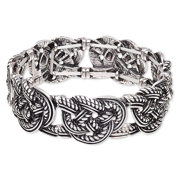 Bracelet, stretch, antique silver-plated "pewter" (zinc-based alloy), 22mm wide with knot design, 7-1/2 inches. Sold individually. image number 0