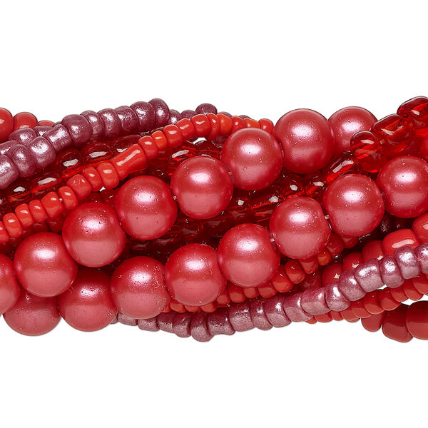Bead assortment, glass, opaque to transparent light to dark red, 3x1mm-6mm round and irregular rondelle. Sold per pkg of (8) 14-inch strands, approximately 1,200 beads. image number 0
