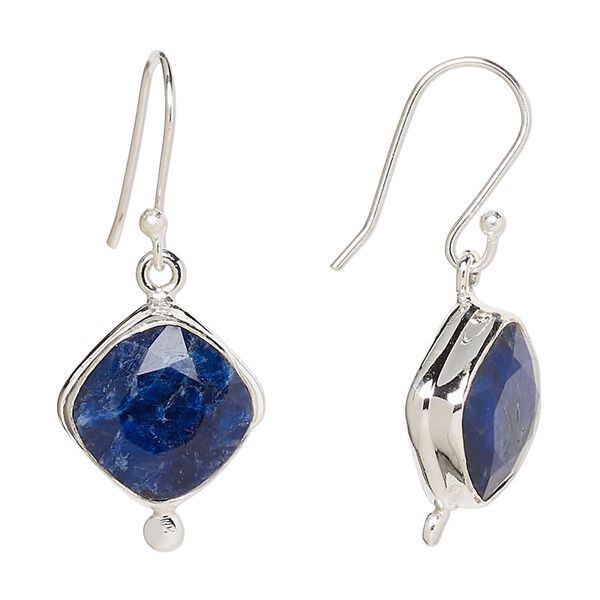 Earring, Create Compliments®, blue sapphire (dyed) and sterling silver, 33mm with diamond and fishhook ear wire, 21 gauge. Sold per pair. image number 0