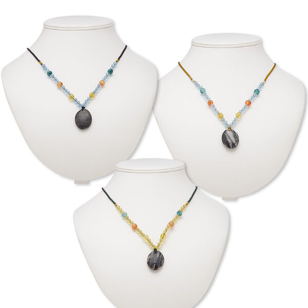 Multi-gemstone / acrylic / glass 1pkg3, oval pendant necklace C grade, mix continuous loop 20-24 inch 29x23mm-30x24mm image number 0