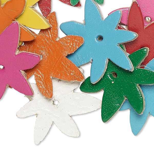 Component, leather (dyed), assorted colors, 25x25mm flower. Sold per pkg of 16. image number 0