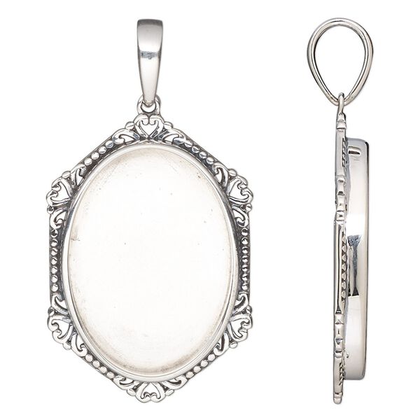 Pendant, antiqued sterling silver, 32.5x23mm hexagon with heart and beaded rim with 25x18mm oval bezel setting. Sold individually. image number 0