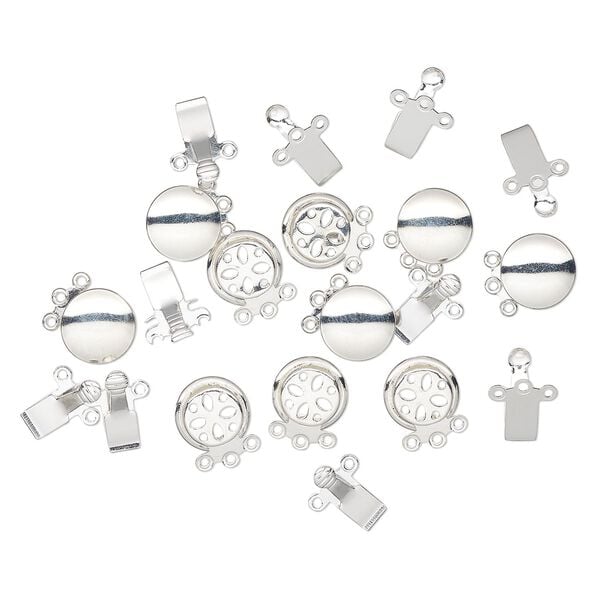 Clasp, 3-strand tab, silver-finished brass, 10.5mm round. Sold per pkg of 10. image number 0