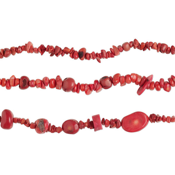 Bead mix, bamboo coral (dyed), light to dark red, 5x4mm-17x7mm, Mohs hardness 3-1/2 to 4. Sold per (3) 8-inch strands. image number 0