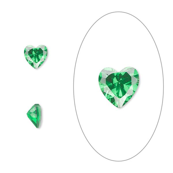 Gem, cubic zirconia, emerald green, 6mm faceted heart, Mohs hardness 8-1/2. Sold per pkg of 2. image number 0