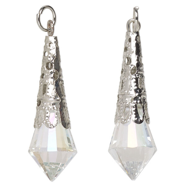 Focal, imitation rhodium-finished steel and glass, clear, 36x12mm faceted teardrop with jump ring. Sold per pkg of 6. image number 0