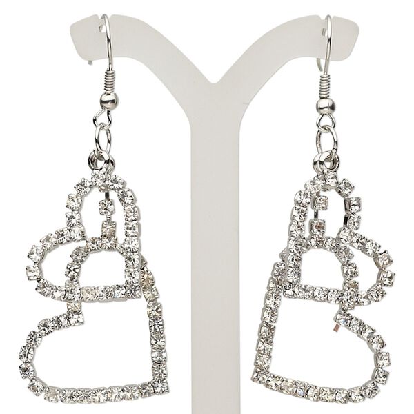 Earring, Everyday Jewelry, glass rhinestone / imitation rhodium-finished brass / steel, clear, 2-1/2 inches with 38x29mm double heart and fishhook ear wire. Sold per pair. image number 0