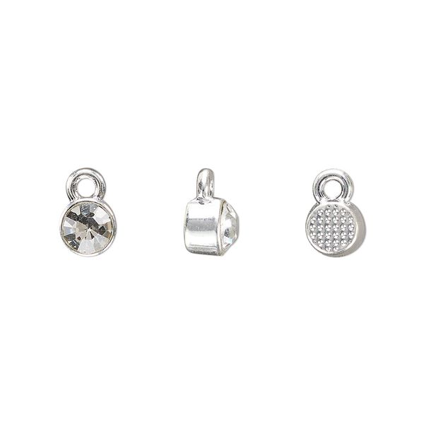 Drop, silver-finished "pewter" (zinc-based alloy) and glass rhinestone, clear, 6mm faceted round, April birthstone. Sold per pkg of 10. image number 0