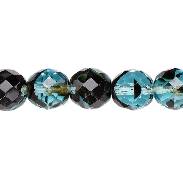 Bead, Czech fire-polished glass, black and turquoise blue, 10mm faceted round. Sold per 15-1/2" to 16" strand, approximately 40 beads. image number 0