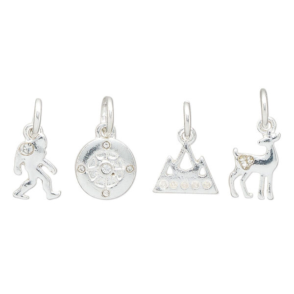 Charm assortment, silver-finished "pewter" (zinc-based alloy) and glass rhinestone, clear, 8-11x7mm multi-shape, Pacific Northwest outdoors theme. Sold per 4-piece set. image number 0