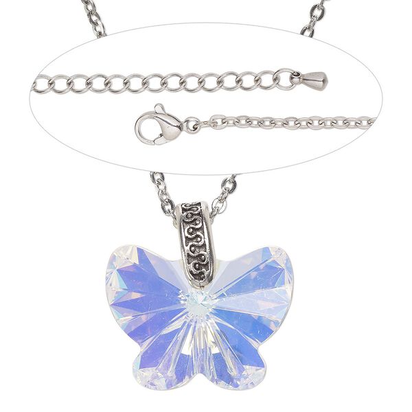 Necklace, Everyday Jewelry™,  brass / crystal / stainless steel, butterfly  pendant on antiqued-silver chain with lobster claw clasp, 24 inches. Sold individually. image number 0
