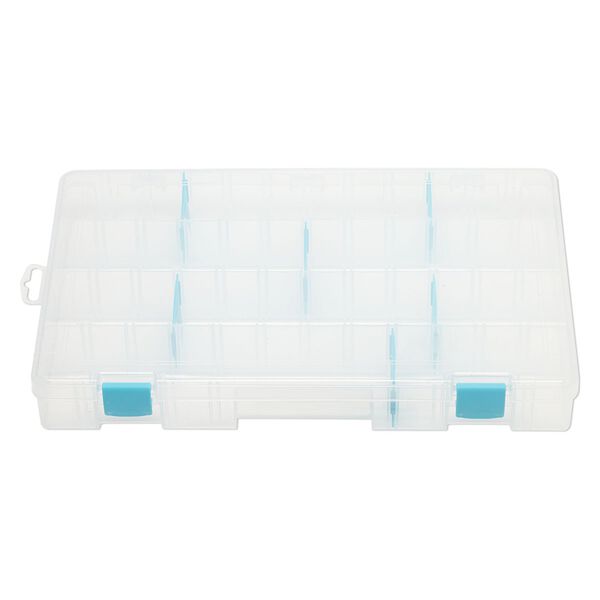 Organizer, ArtBin® tarnish inhibitor, plastic, clear and teal blue, 14-1/8 x 9 x 2 inches, 19 adjustable compartments. Sold individually. image number 1