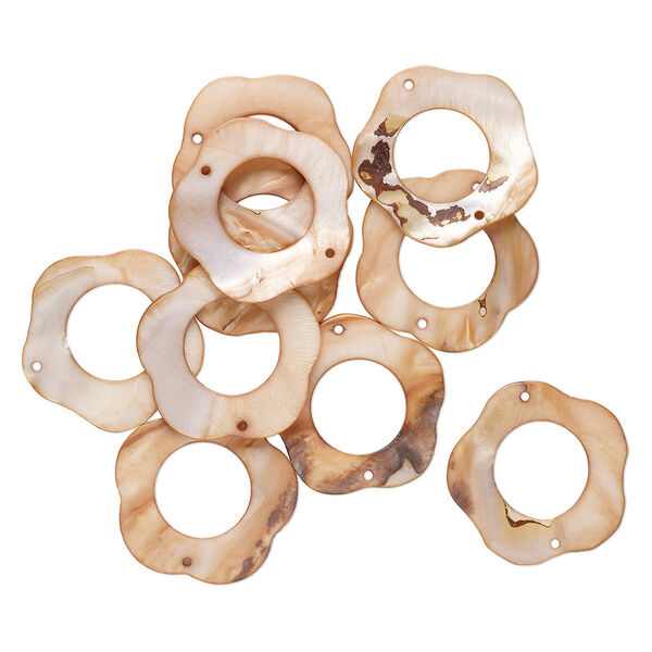 Focal, mother-of-pearl shell (dyed), brown, 49x48mm flower with cutout round with 2 loops, Mohs hardness 3-1/2. Sold per pkg of 10. image number 0