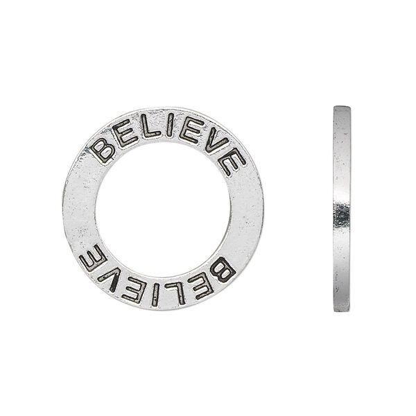 Charm, antique silver-plated pewter (tin-based alloy), 22x2mm double-sided affirmation round "BELIEVE." Sold per pkg of 2. image number 0
