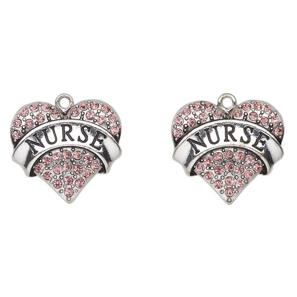 Charm, antique silver-finished enamel "pewter" (zinc-based alloy) and glass, pink and black, 24x23mm heart with "Nurse". Sold per pkg of 2. image number 0