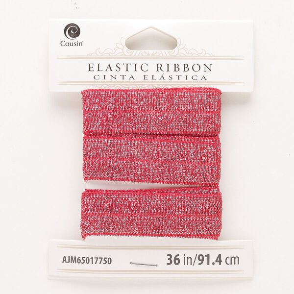 Cord, elastic, pkg/36 inches, 16mm flat, sparkle red and silver. image number 0
