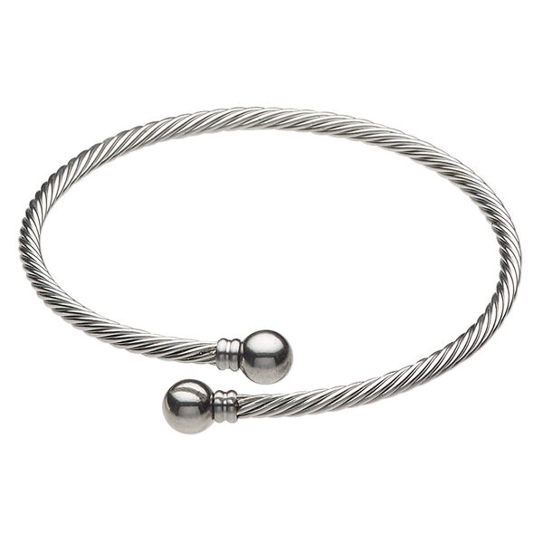 Bracelet, bangle, stainless steel, 3.5mm twisted cable, 8 inches with 8mm twist-off ball ends. Sold individually. image number 0