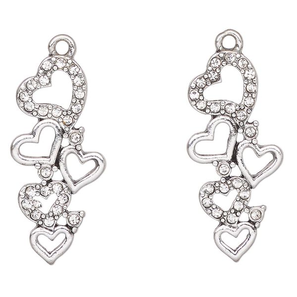 Focal, antique silver-finished "pewter" (zinc-based alloy) and glass, clear, 31x15mm heart. Sold per pkg of 2. image number 0