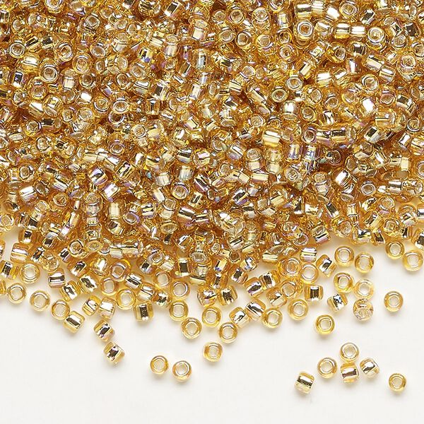 Seed bead, Dyna-Mites™, glass, pkg/1/2kg, #11 round, translucent silver-lined rainbow gold, (62R:SR 11/0 SR). image number 0