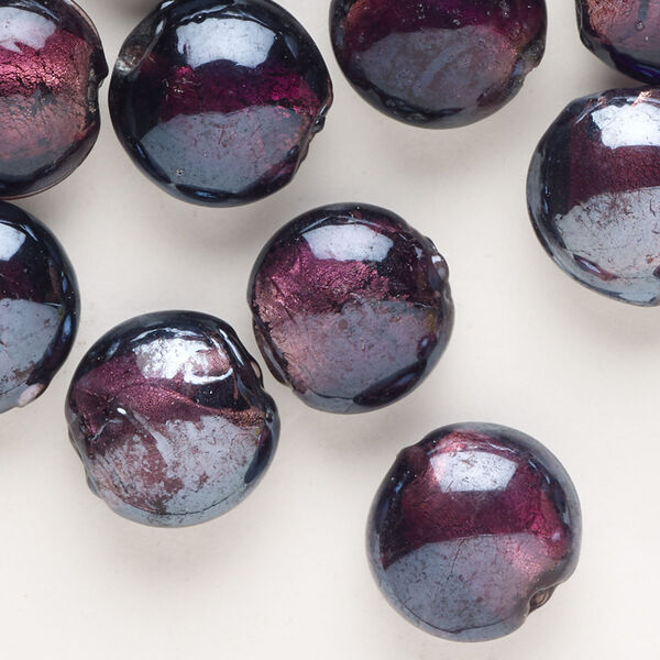Bead, lampworked glass, opaque iridescent dark purple, 13-14mm puffed flat round. Sold per pkg of 20. image number 0