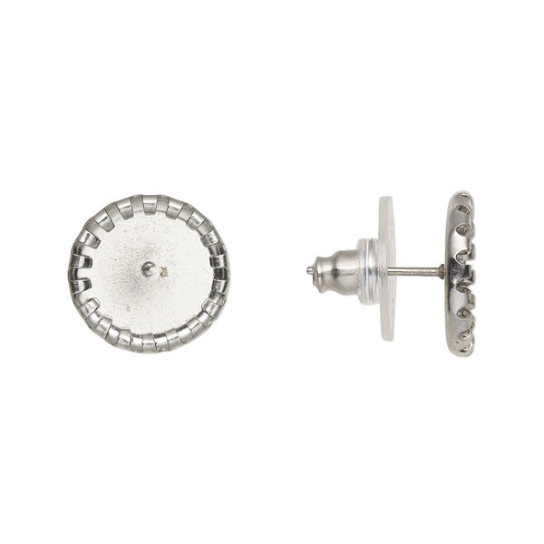 Earstud, stainless steel and plastic, clear, 13mm round with 10mm round cabochon pressure set setting. Sold per pkg of 5 pairs. image number 0