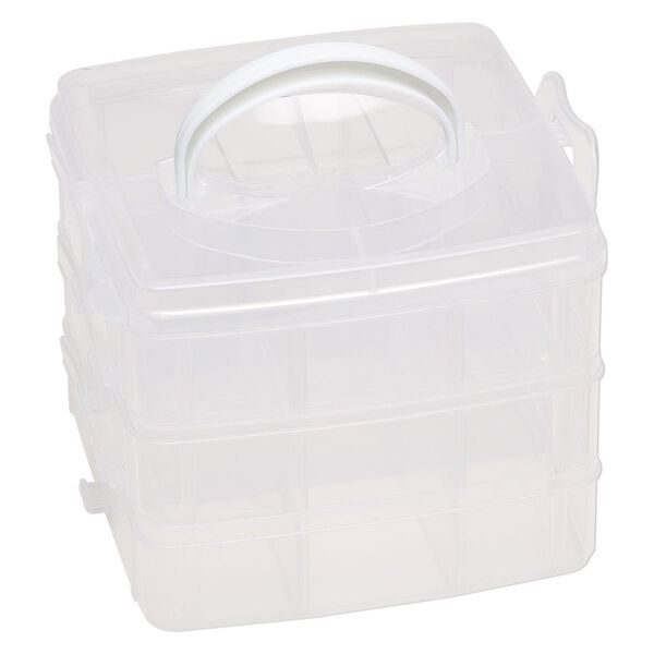 Organizer, acrylic, white and clear, 6-1/4 x 5-3/4 x 5 inches with 3 stackable trays each with compartments. Sold individually. image number 1