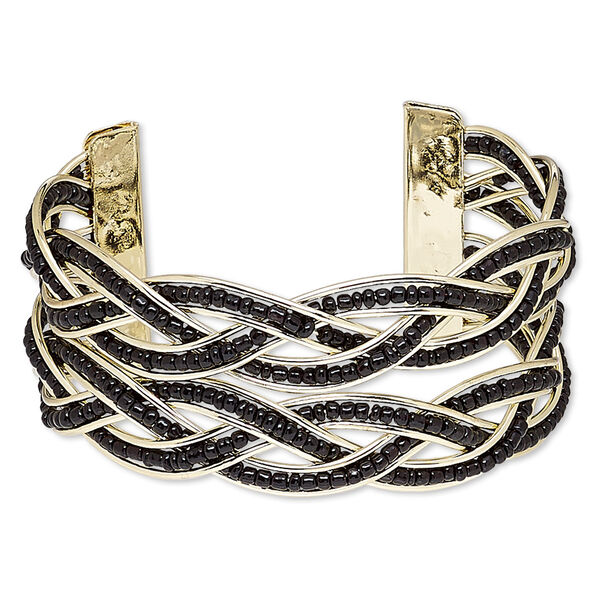 Bracelet, cuff, glass and gold-finished steel, black, 35mm wide with braided design, adjustable from 6-1/2 to 7-1/2. Sold individually. image number 0