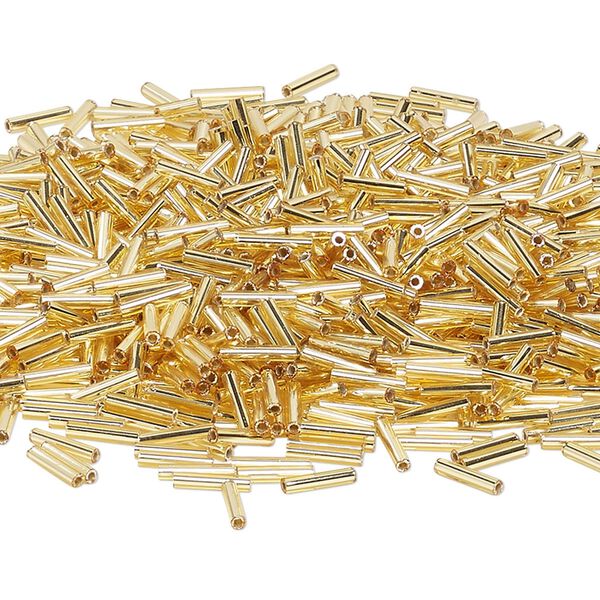 Bead, Miyuki, bugle bead, glass, pkg/50 g, 9x1.9mm center-drilled, silver-lined translucent gold, (RBU-0003). image number 0