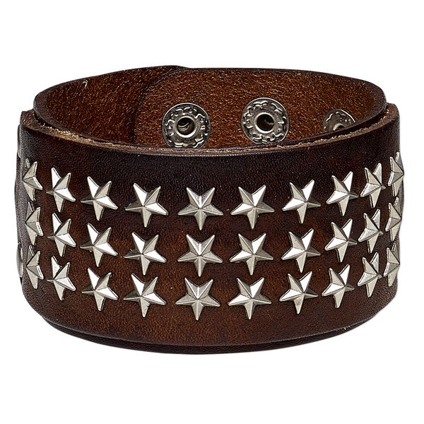 Bracelet, leather (dyed) with silver-plated steel and "pewter" (zinc-based alloy), brown, 41mm wide with star studs, adjustable from 5-7 inches with double snap closure. Sold individually. image number 0