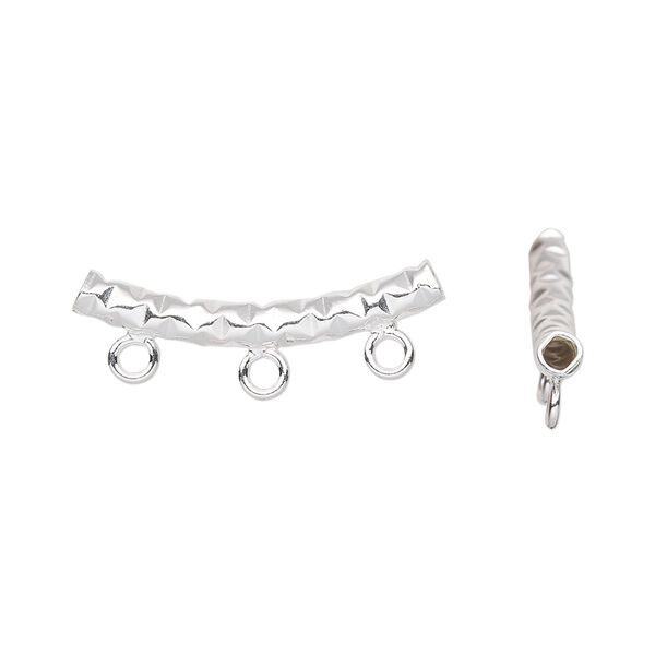Bead, sterling silver, 25x3mm textured curved tube with 3 closed loops. Sold individually. image number 0