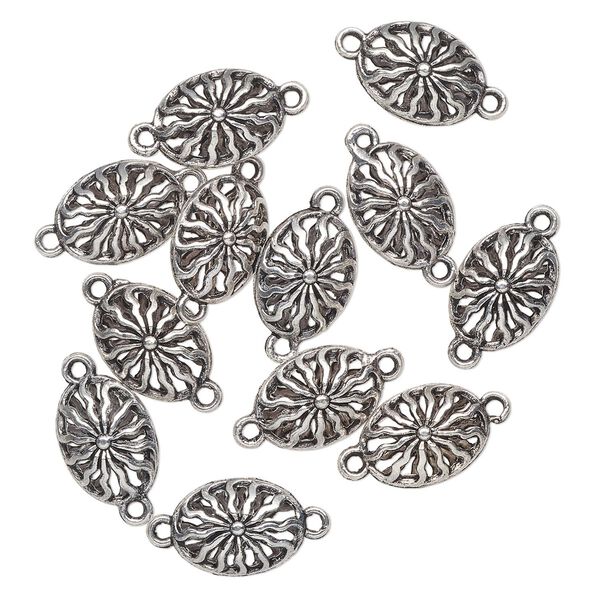 Link, antique silver-finished brass, 17.5x13mm filigree oval with sunburst pattern. Sold per pkg of 12. image number 0