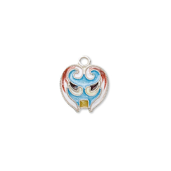 Drop, sterling silver with cloisonné, light blue, 14x12mm mask. Sold individually. image number 0