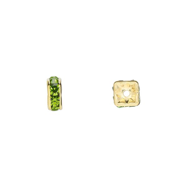Bead, glass rhinestone and gold-finished brass, peridot green, 6x3mm squaredelle. Sold per pkg of 10. image number 0