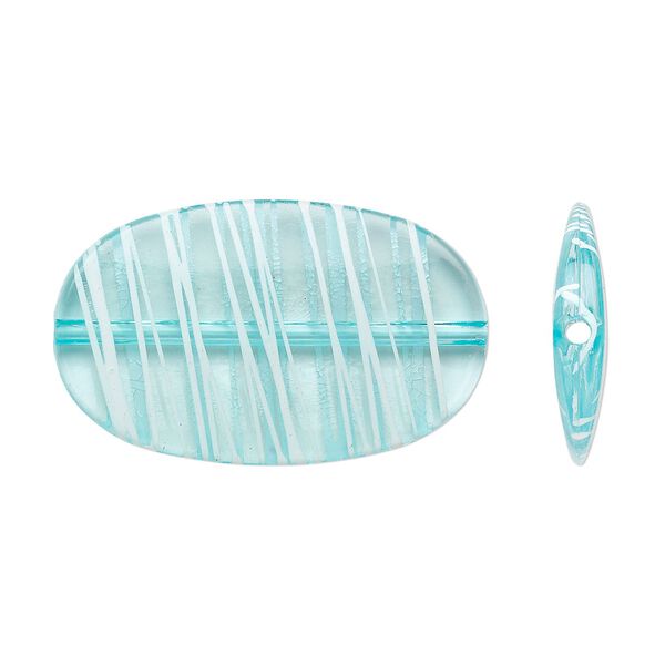 Bead, acrylic, semitransparent blue and white, 45x27mm flat oval with painted line design. Sold per pkg of 20. image number 0