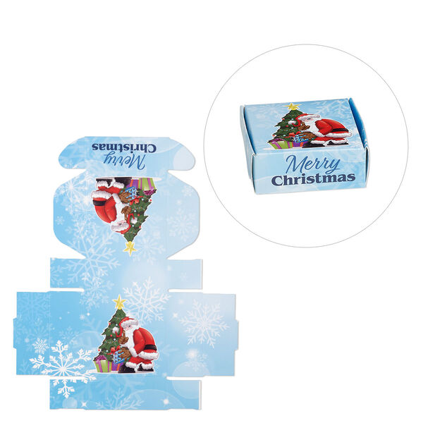 Box, paper, multicolored, 3x3x1-inch unassembled square with Santa Claus and Christmas tree. Sold per pkg of 10. image number 0