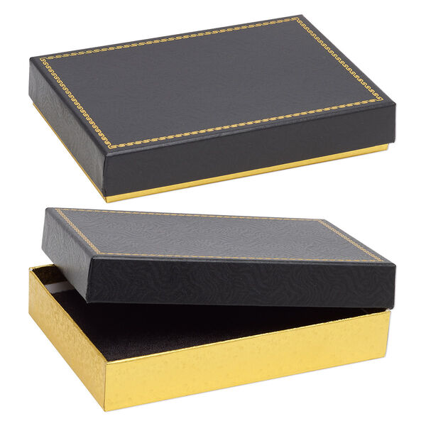 Box, paper and velvet, black and gold, 7-1/8 x 4-7/8 x 1-1/4 inch rectangle. Sold per pkg of 6. image number 0