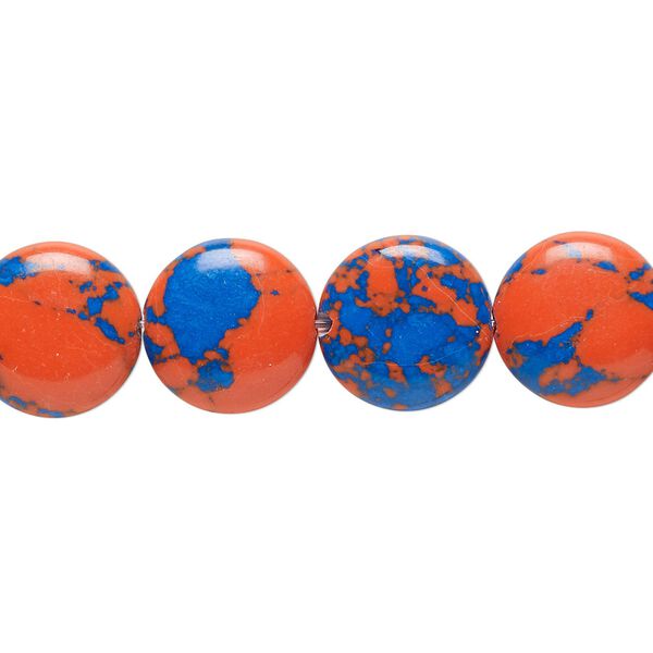 Bead, resin, dark blue and orange, 12mm flat round. Sold per 15" to 16" strand. image number 0