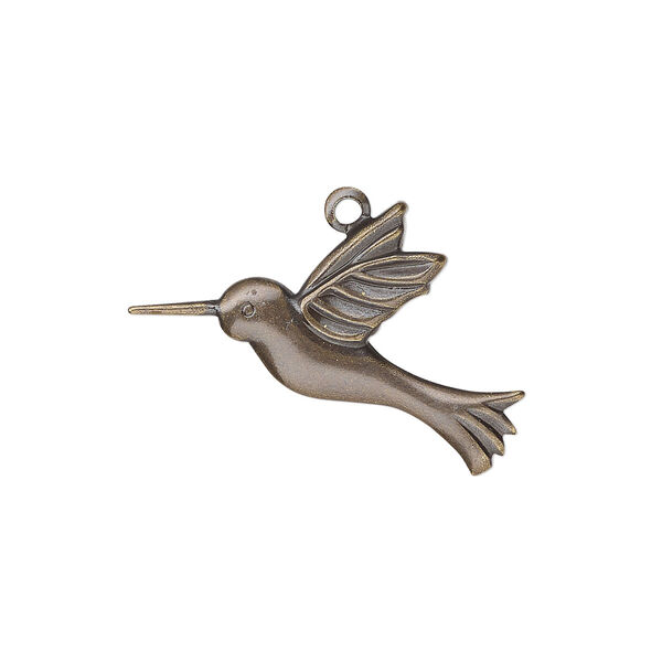 Charm, antique gold-plated brass, 25x19mm single-sided hummingbird. Sold per pkg of 10. image number 0