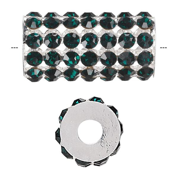 Bead, glass rhinestone and silver-finished brass, emerald green, 32x15mm cylinder with 4mm chatons, 5.75mm hole. Sold individually. image number 0