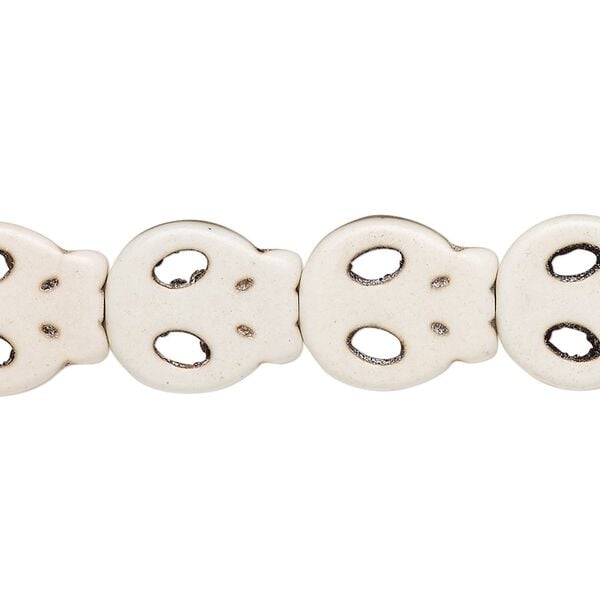 Bead, "howlite" (resin) (imitation), white, 15x13mm flat skull. Sold per 15-inch strand. image number 0