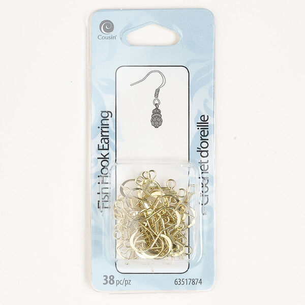 Ear wire, gold-finished steel, 13mm flat fishhook with 4mm coil and open loop, 22 gauge. Sold per pkg of 19 pairs. image number 0