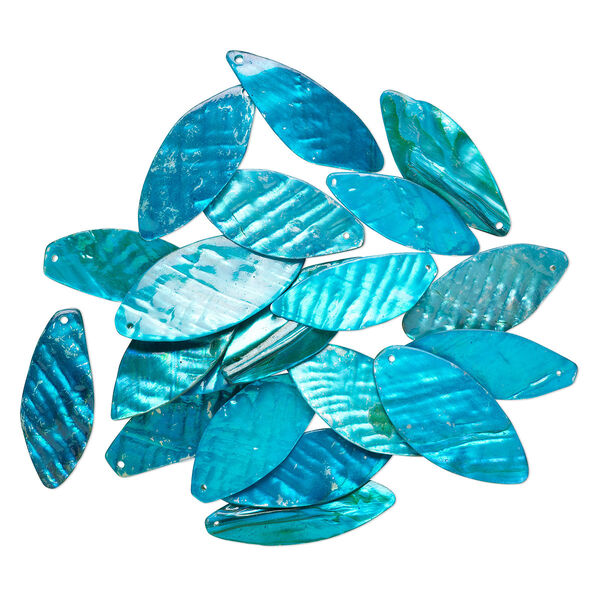 Focal, mother-of-pearl shell (dyed), teal green, 47x19mm-54x25mm leaf, Mohs hardness 3-1/2. Sold per pkg of 20. image number 0