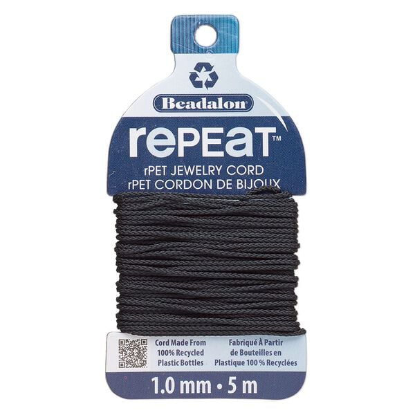 Cord, Beadalon® RePEaT™, recycled polyethylene, black, 1mm, 100-pound test. Sold per 5-meter card. image number 0