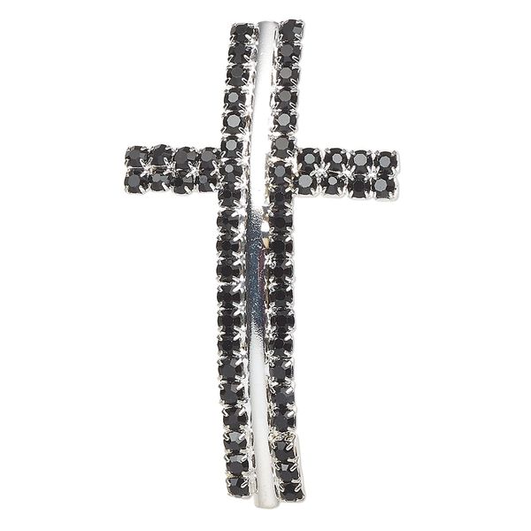 Focal, silver-finished brass and glass, black, 50x28mm curved cross with 2mm stringing channel. Sold individually. image number 0