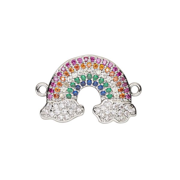 Link, cubic zirconia and silver-finished brass, multicolored, 20x14mm single-sided rainbow. Sold individually. image number 0