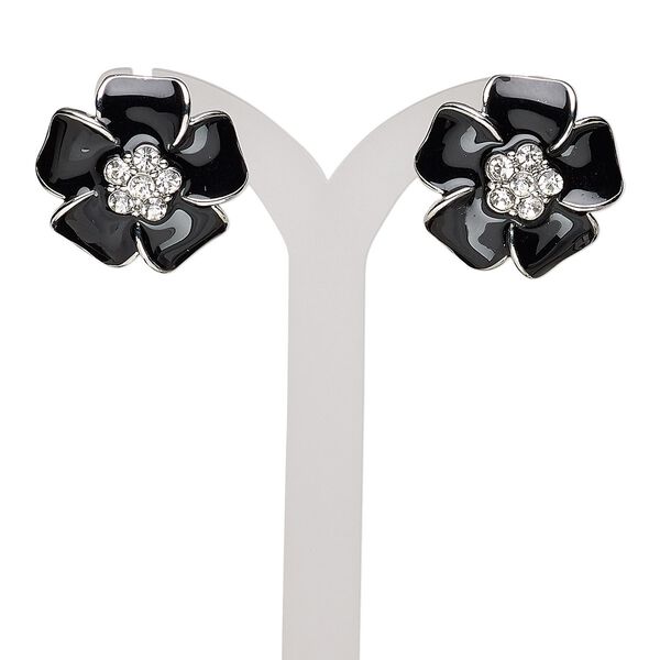 Earring, enamel / glass rhinestone / imitation rhodium-finished steel / "pewter" (zinc-based alloy), black and clear, 21x21mm flower with post. Sold per pair. image number 0